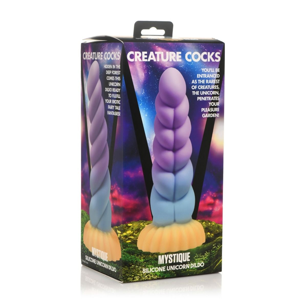 Package of a silicone unicorn dildo with colorful design and text on a white background