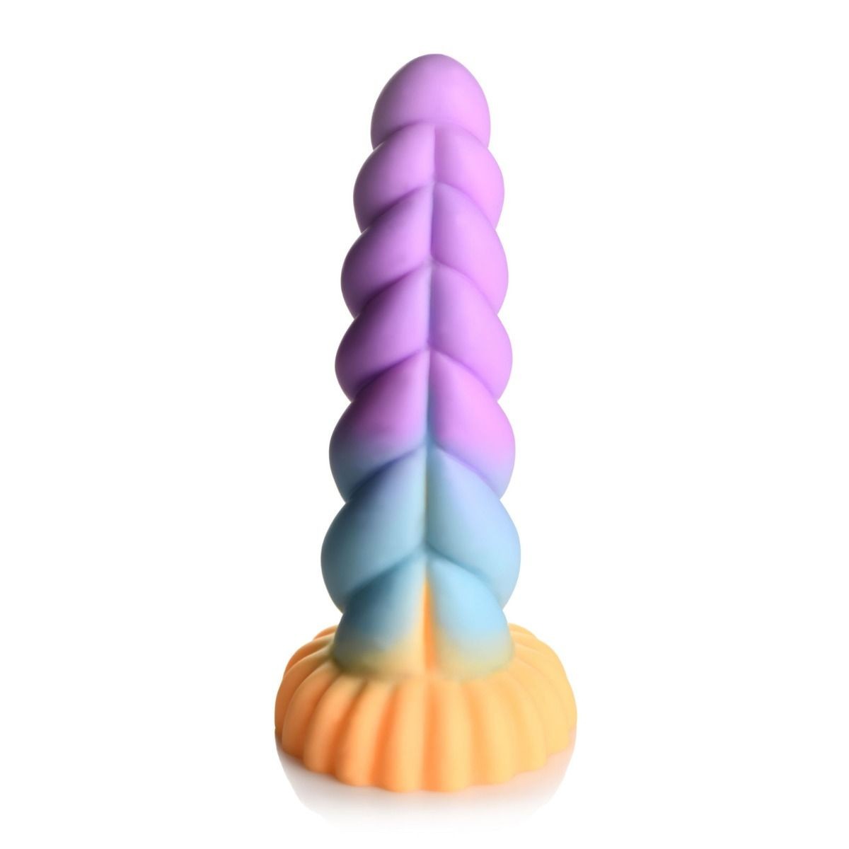 Colorful spiral-shaped dildo on a white background
