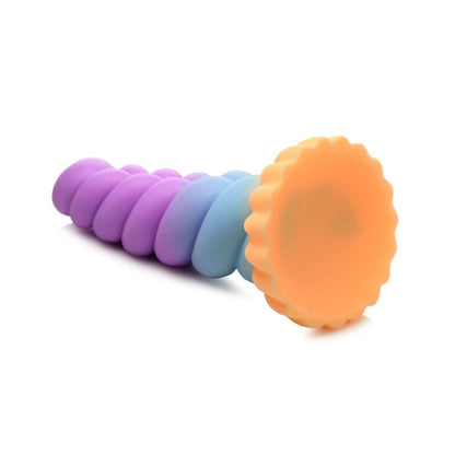 Colorful textured dildo with a suction cup base on a white background