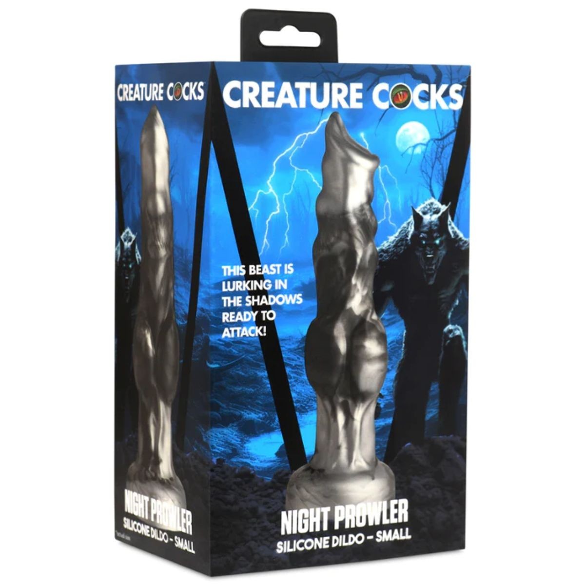 Package of 'Creature Cocks' Night Prowler silicone dildo with a dark fantasy design.