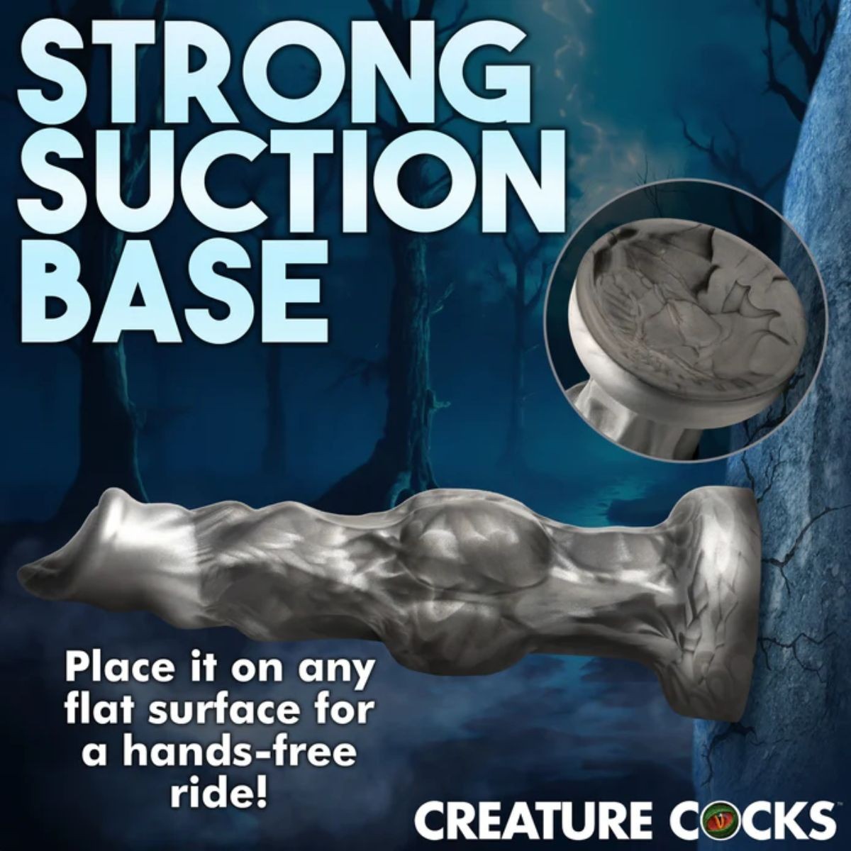 Advertisement for a product with 'Strong Suction Base' text and a close-up of a suction cup.