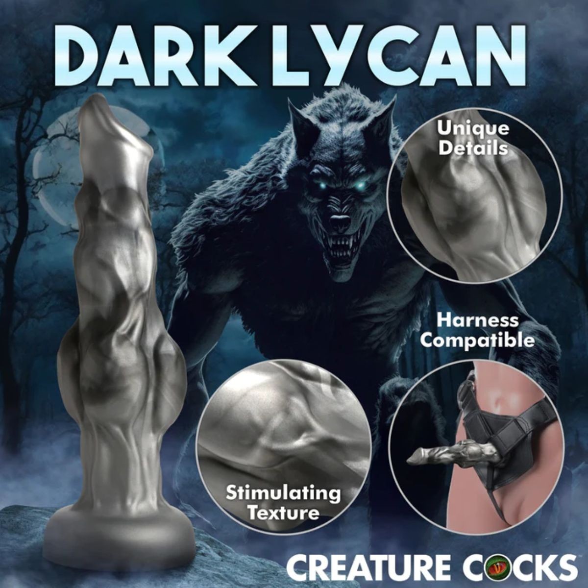 Advertisement for 'Dark Lycan' creature cocks with wolf-like design and text highlighting features.