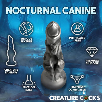 Product packaging for 'Nocturnal Canine' with features listed on a blue background