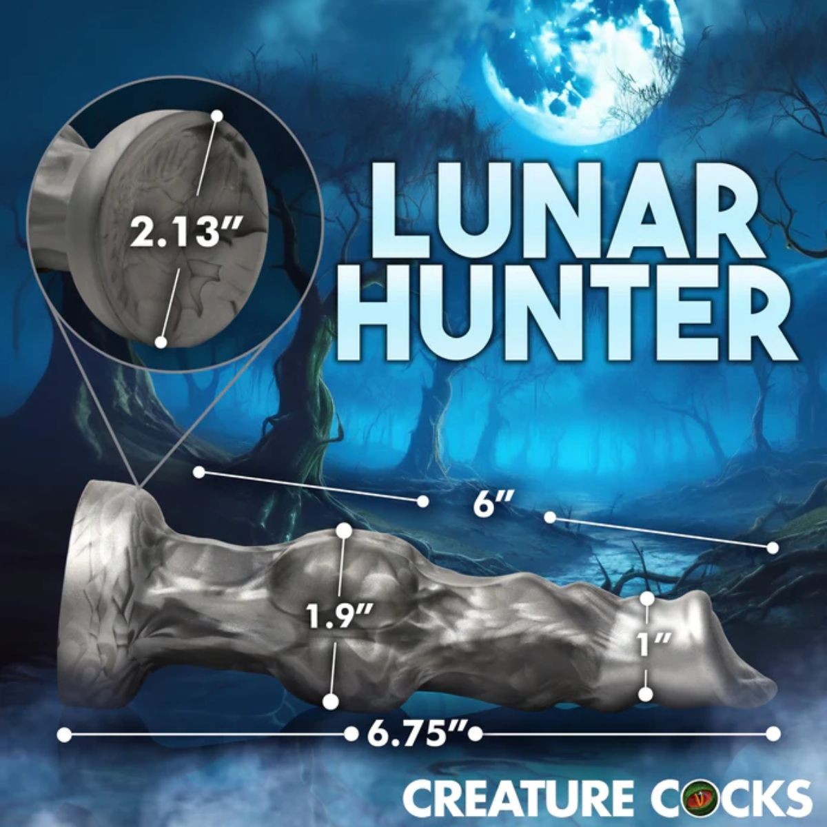 Product with measurements labeled against a mystical background, featuring the words 'Lunar Hunter'.