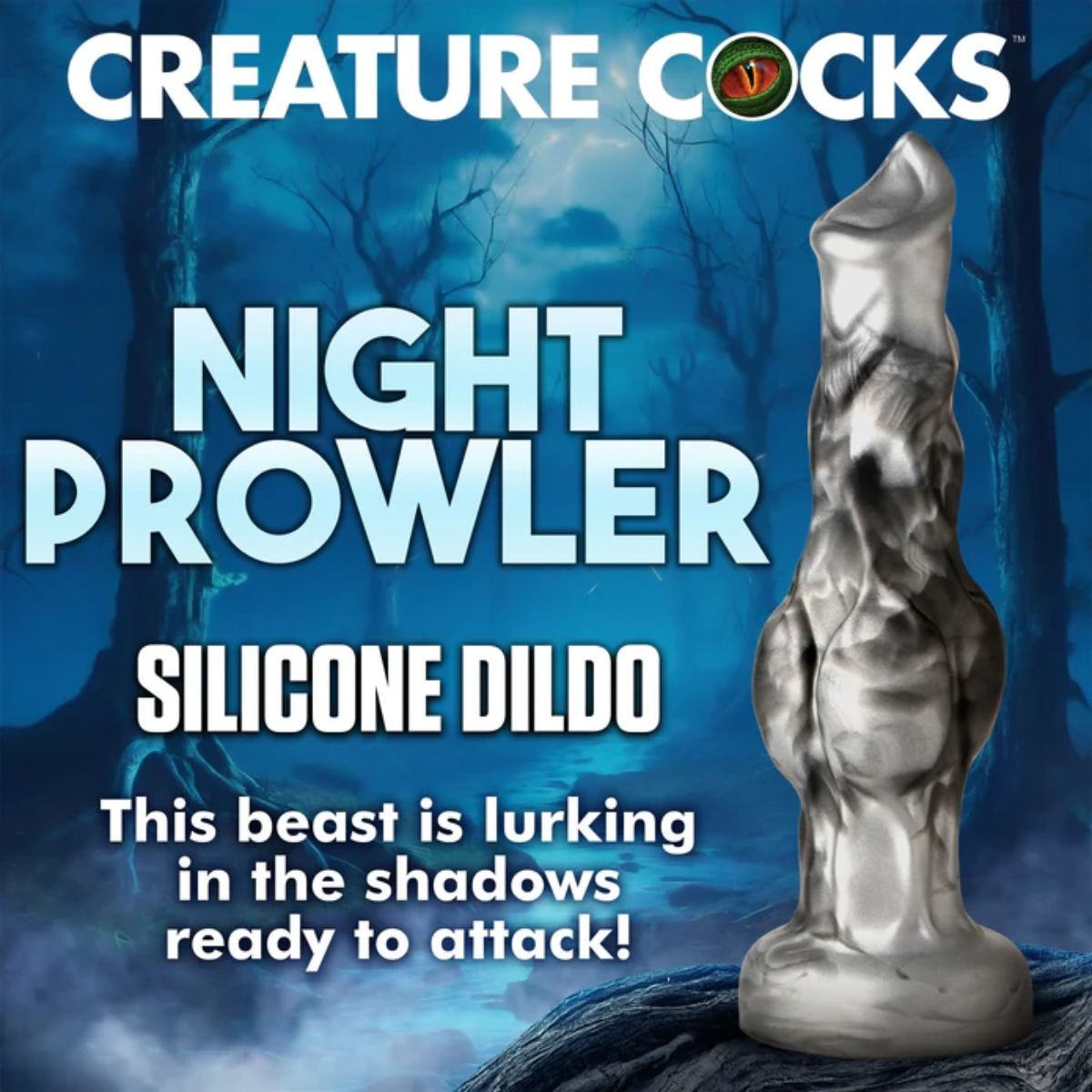 Silicone dildo product with 'Creature Cocks' branding and promotional text on a blue background.