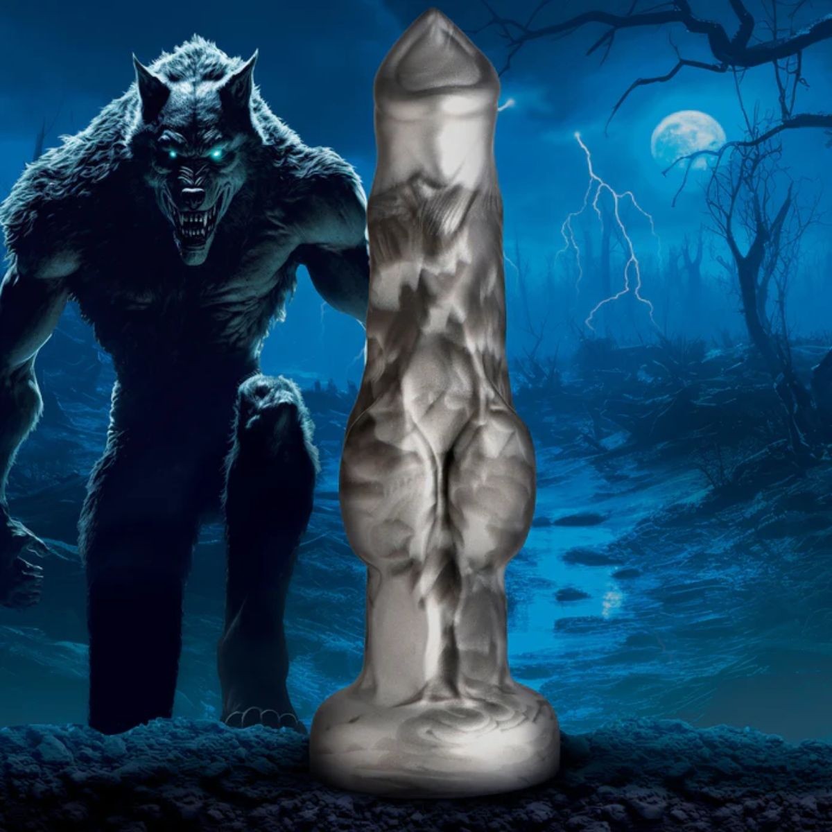 Monster-like creature with glowing eyes in a dark forest setting with a large dildo.