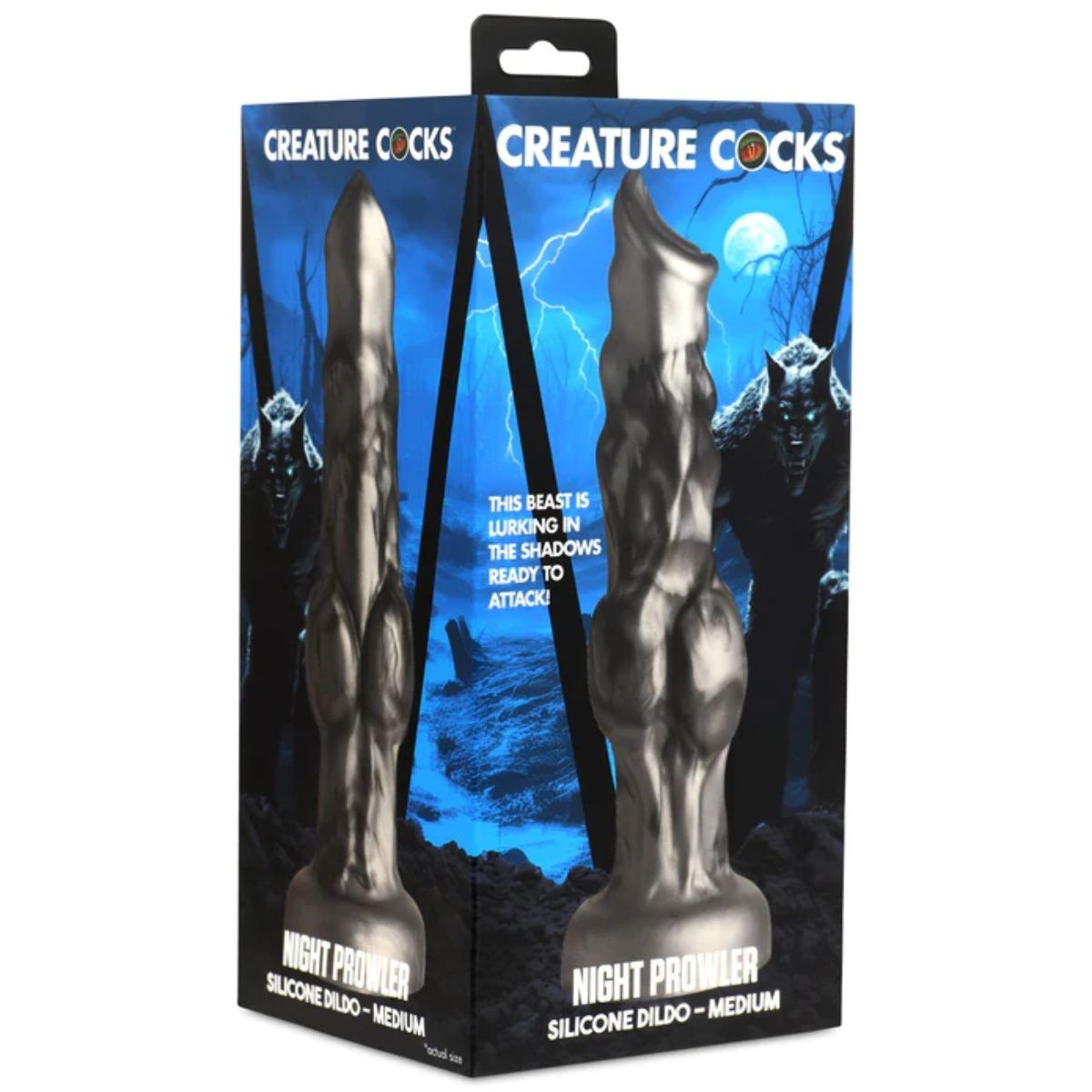 Package of 'Creature Cocks' silicone dildo with a dark, mystical design.