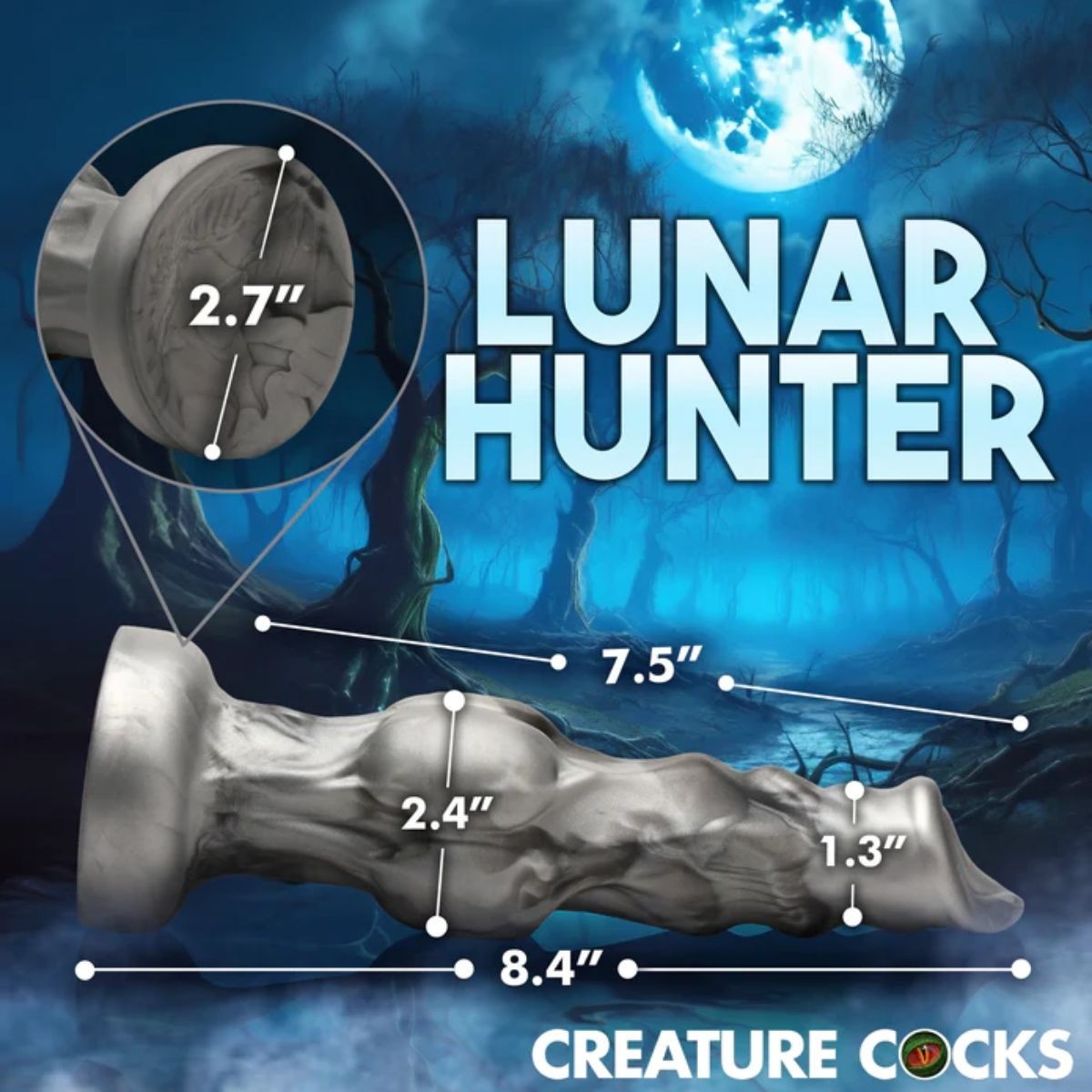Product with measurements labeled against a moonlit night background, featuring the brand 'Lunar Hunter'.