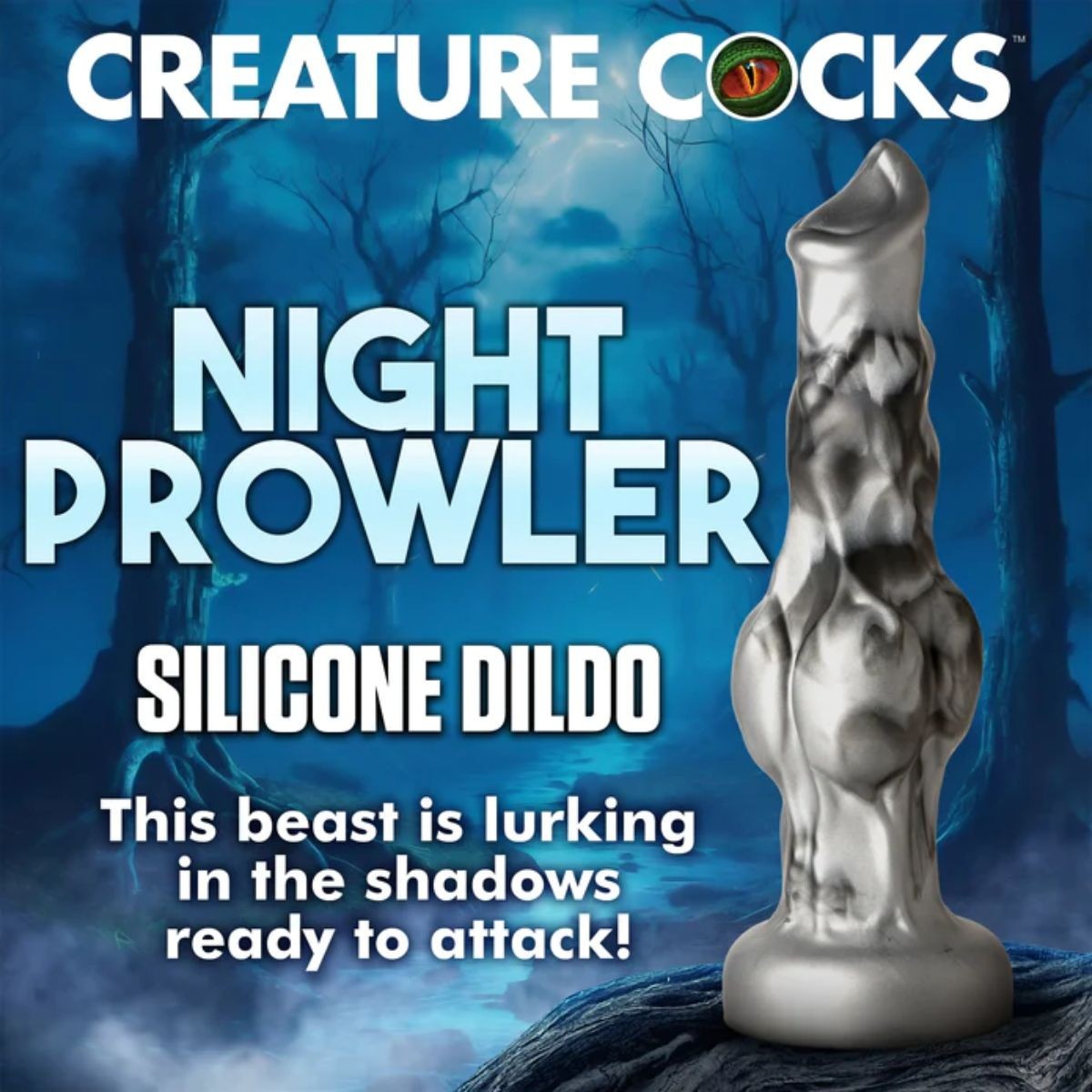 Silicone dildo product with 'Creature Cocks' branding and promotional text on a dark background.