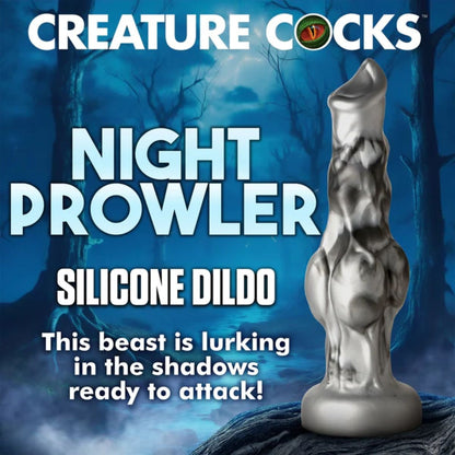 Silicone dildo product with 'Creature Cocks' branding and promotional text on a dark background.