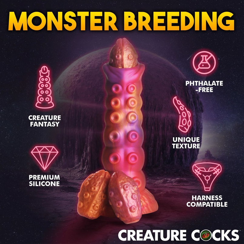 Monster-themed dildo with text highlighting features on a dark background