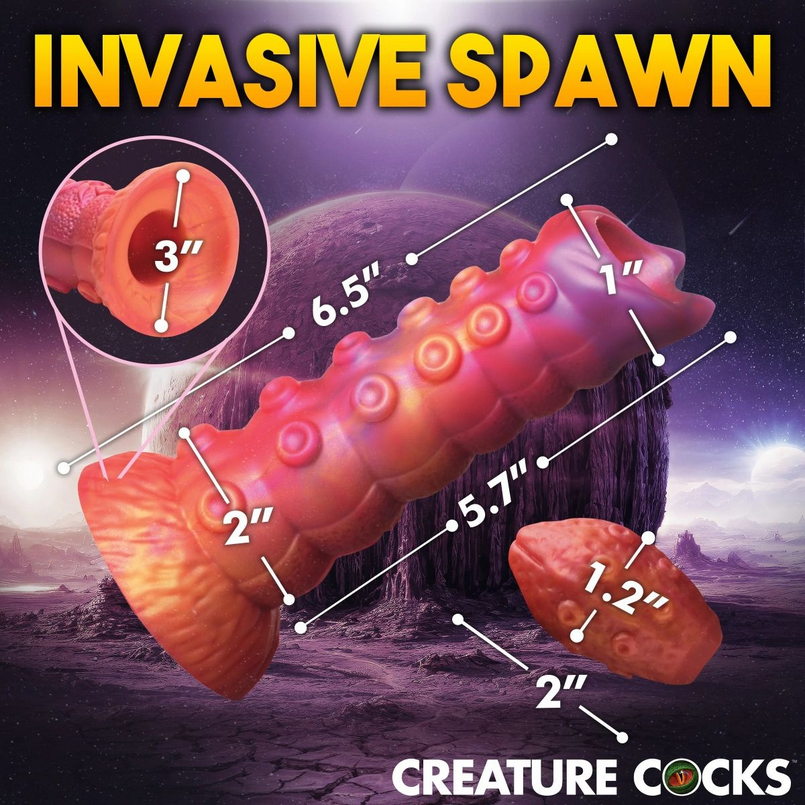 Illustration of a creature with measurements labeled, set against a space-themed background.