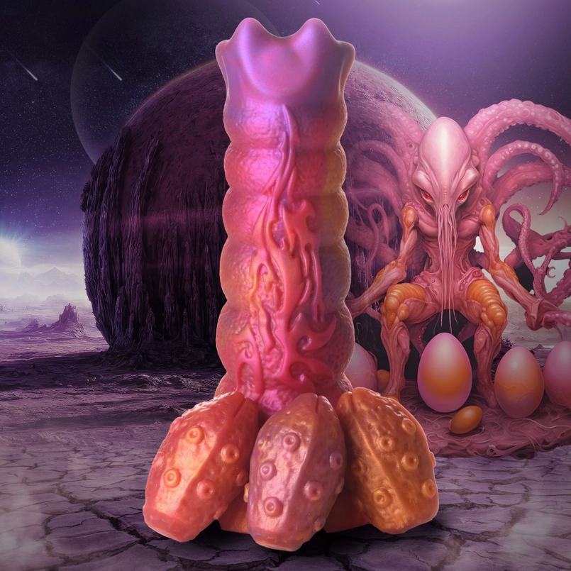 Alien-like creature with a pink and orange body in a desert landscape with planets in the background