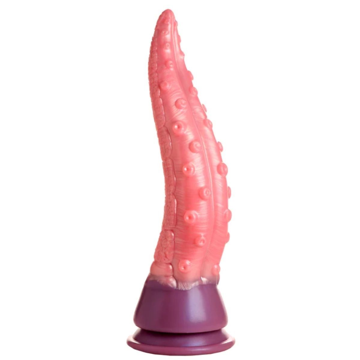 Pink and purple textured dildo on a white background