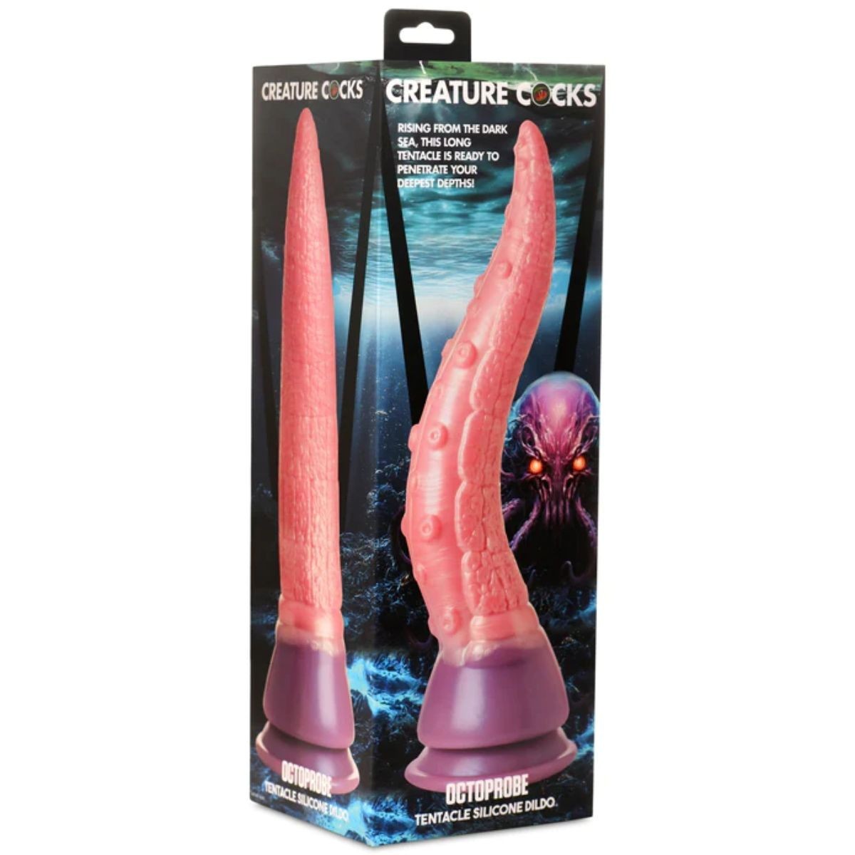 Pink silicone tentacle product with packaging labeled 'Creature Cocks' on a white background.