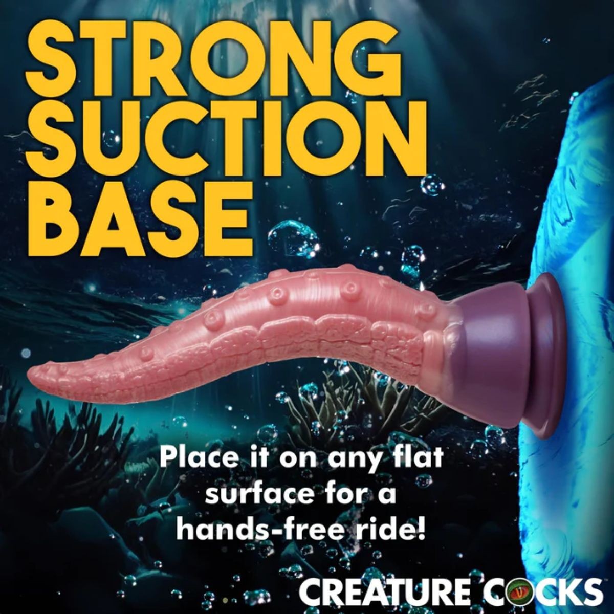 Product with pink suction cup on a dark underwater background, featuring text about a 'Strong Suction Base'.