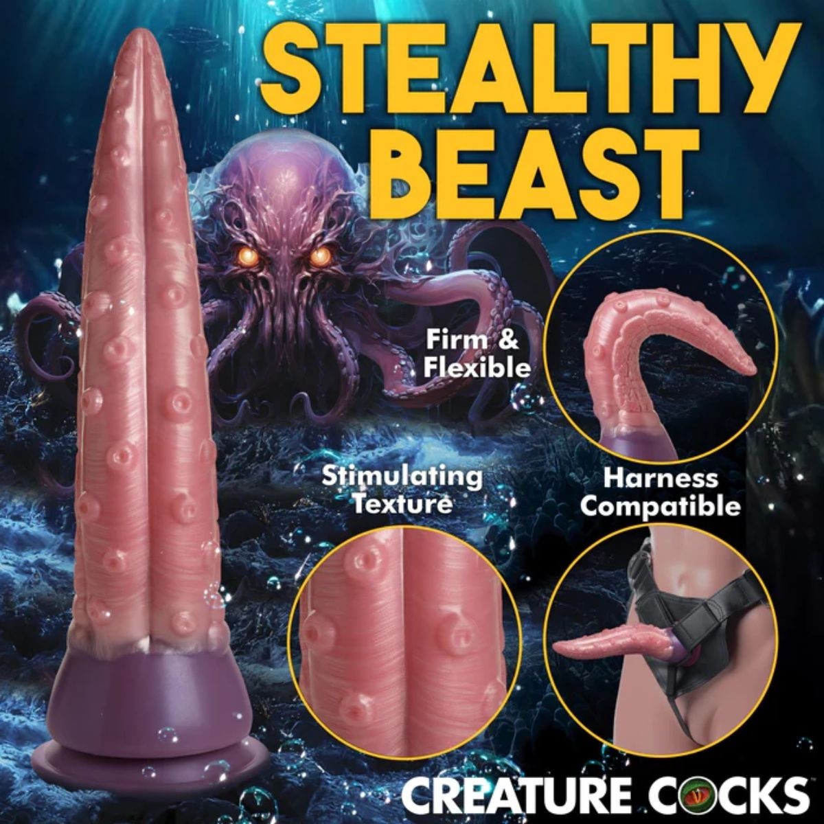 dildo advertisement with text highlighting features on a dark, underwater-themed background.