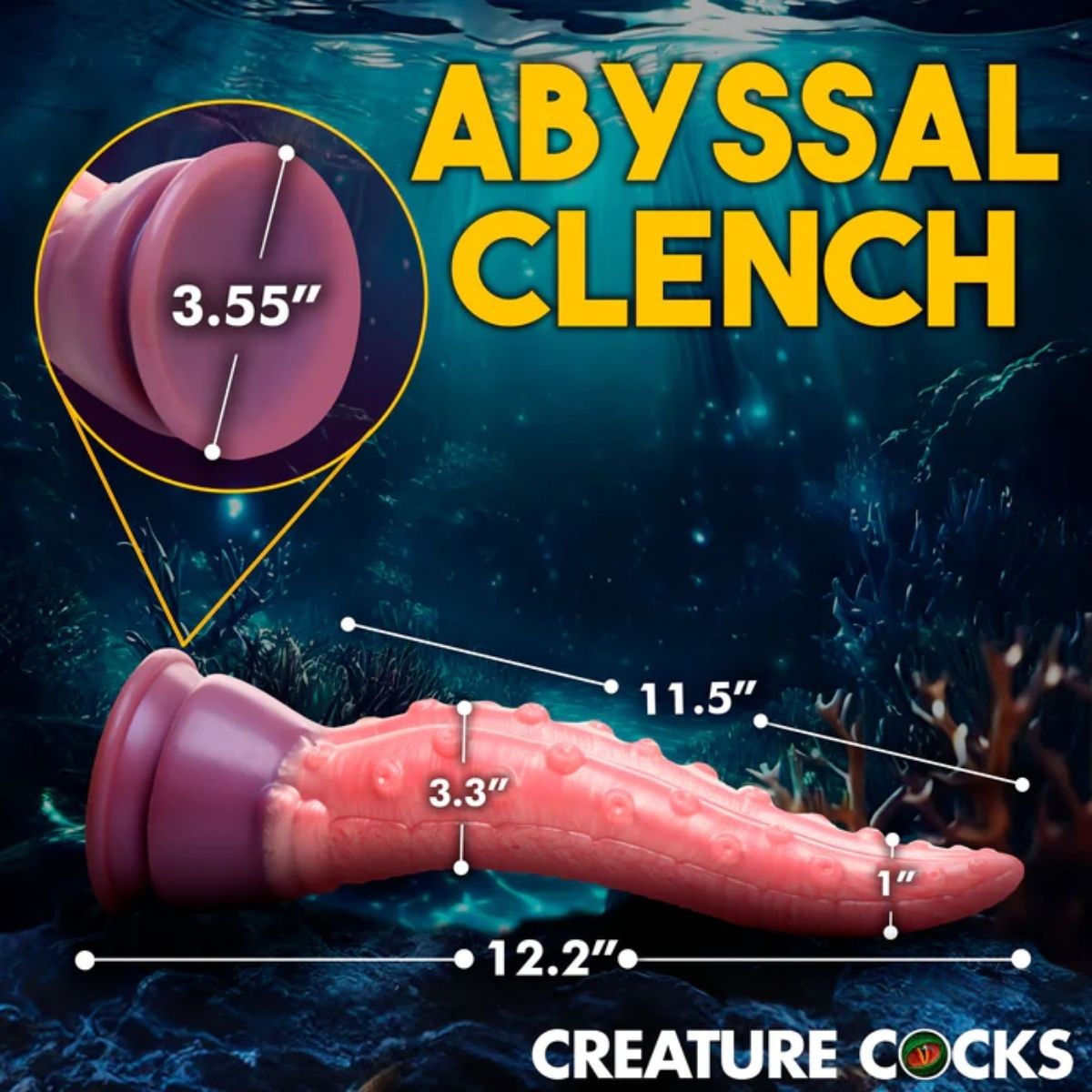 Product labeled 'Abyssal Clench' with measurements against an underwater-themed background.