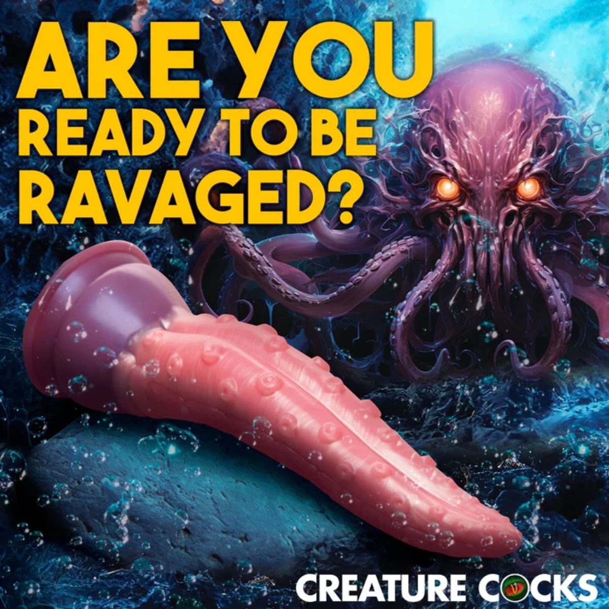 Purple octopus-like creature with a large pink tentacle against a dark blue underwater background, with text 'Are you ready to be ravaged?' and 'Creature Cocks' branding.