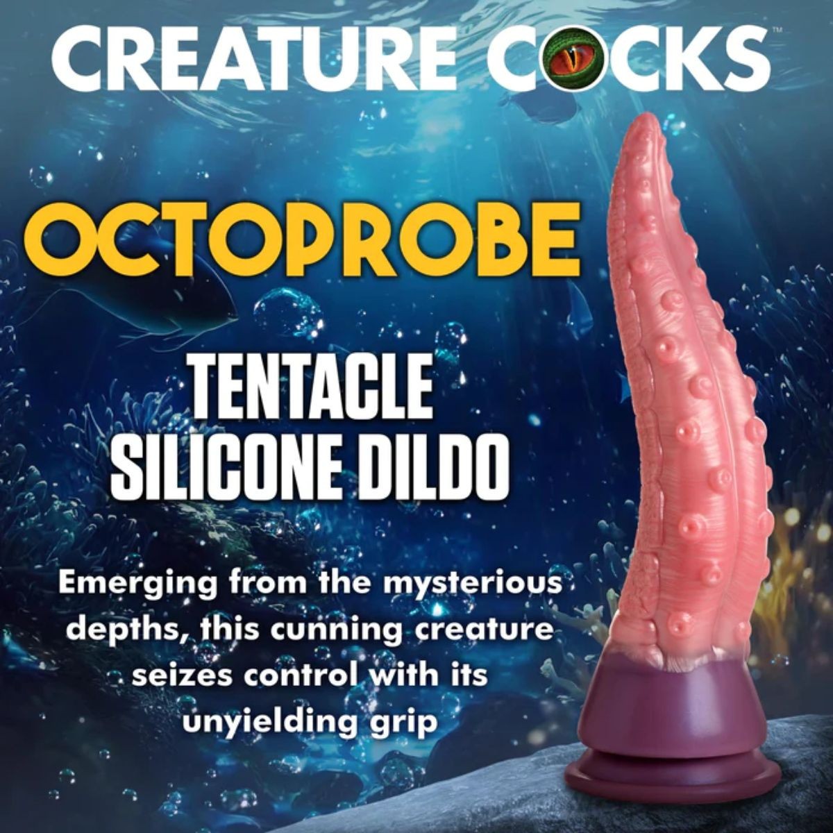 Silicone dildo with tentacle design against an underwater-themed background, featuring the brand 'Creature Cocks'.