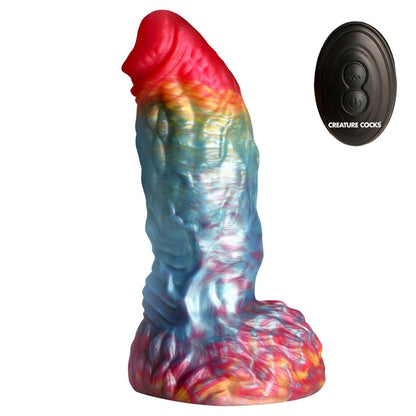 Colorful silicone product with a remote control labeled 'Creature Cocks' on a white background