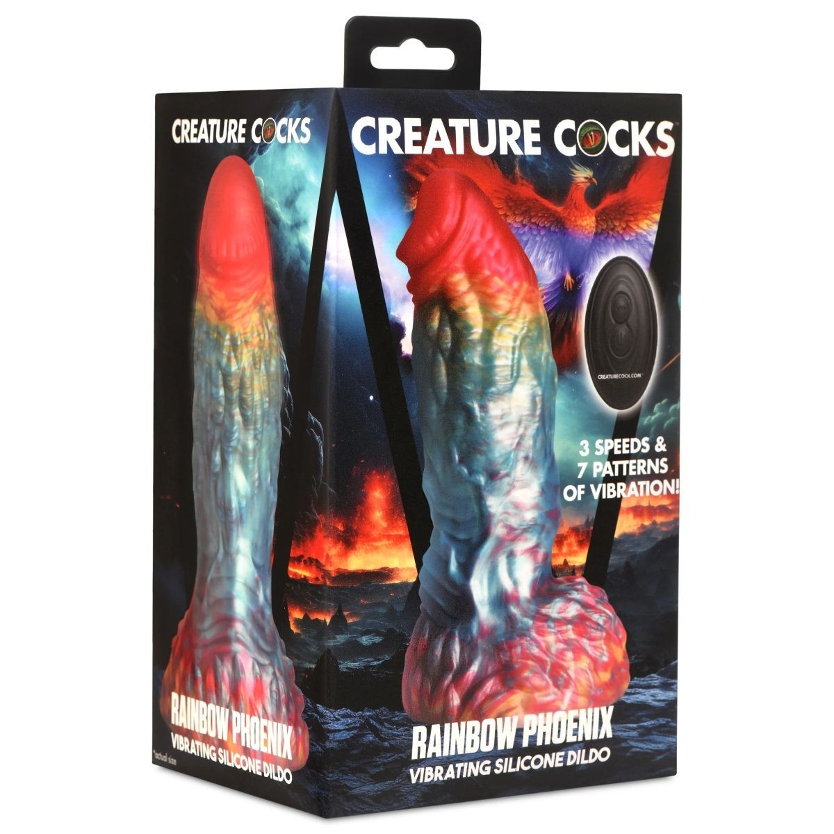 Package of 'Creature Cocks' Rainbow Phoenix vibrating silicone dildo with fiery design.