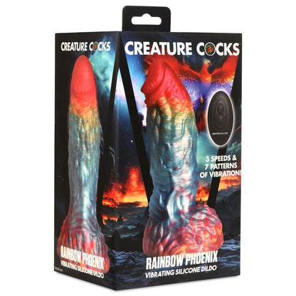 Package of 'Creature Cocks' Rainbow Phoenix vibrating silicone dildo with fiery design.