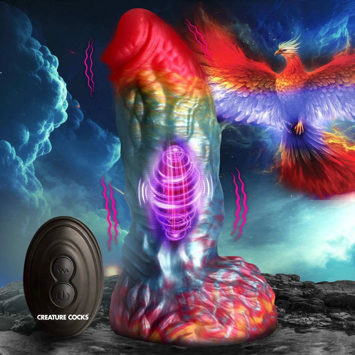 Colorful fantasy-themed product with a phoenix and mystical elements on a dark background
