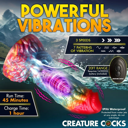 Colorful product with text about vibrations and features on a mountainous background
