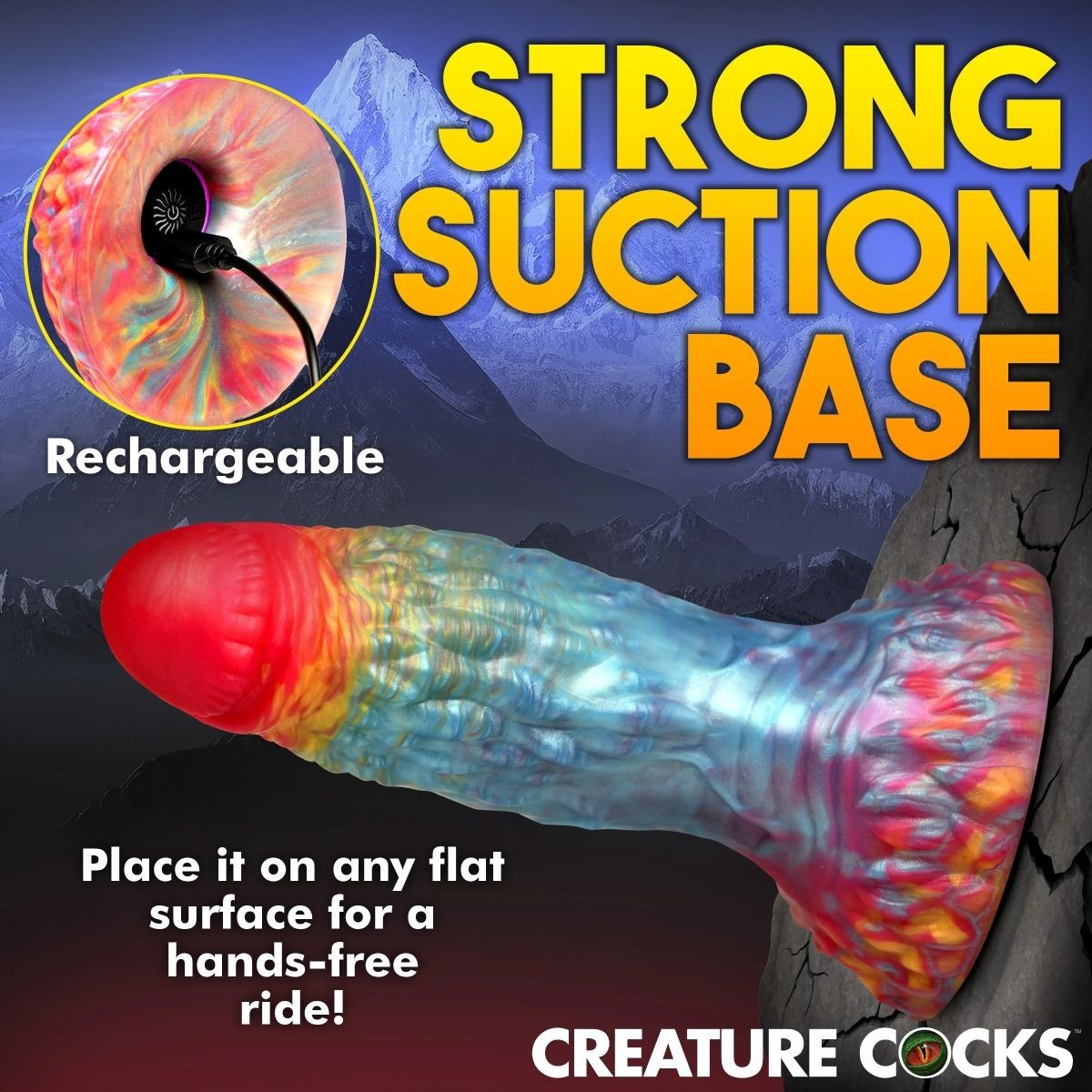 Colorful suction cup dildo with text about a strong suction base and rechargeable feature, set against a mountainous background.