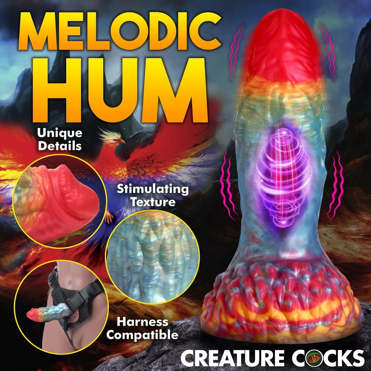 Product packaging for Creature Cocks with text highlighting features and a colorful design.