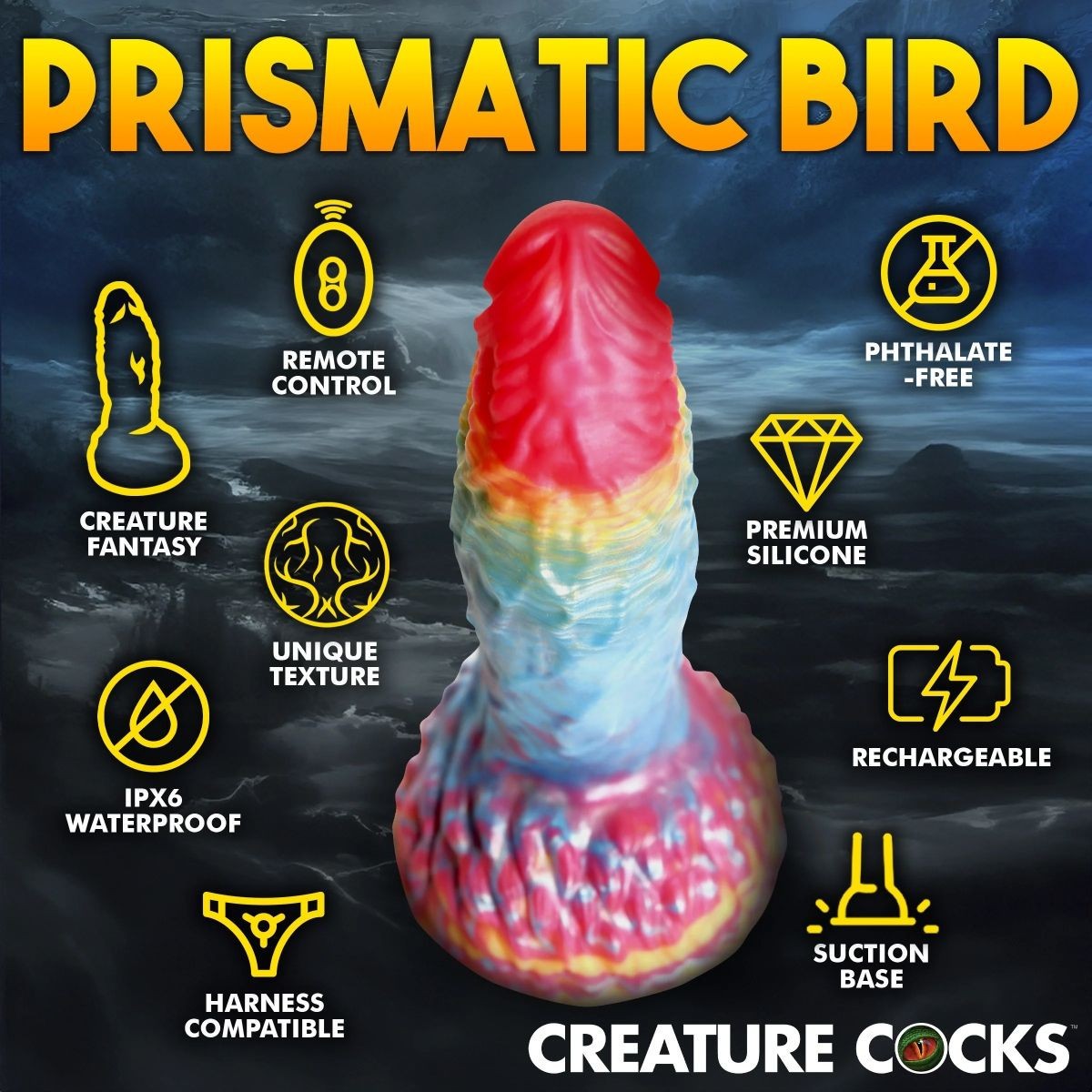 Sexual product with features listed on a dark background