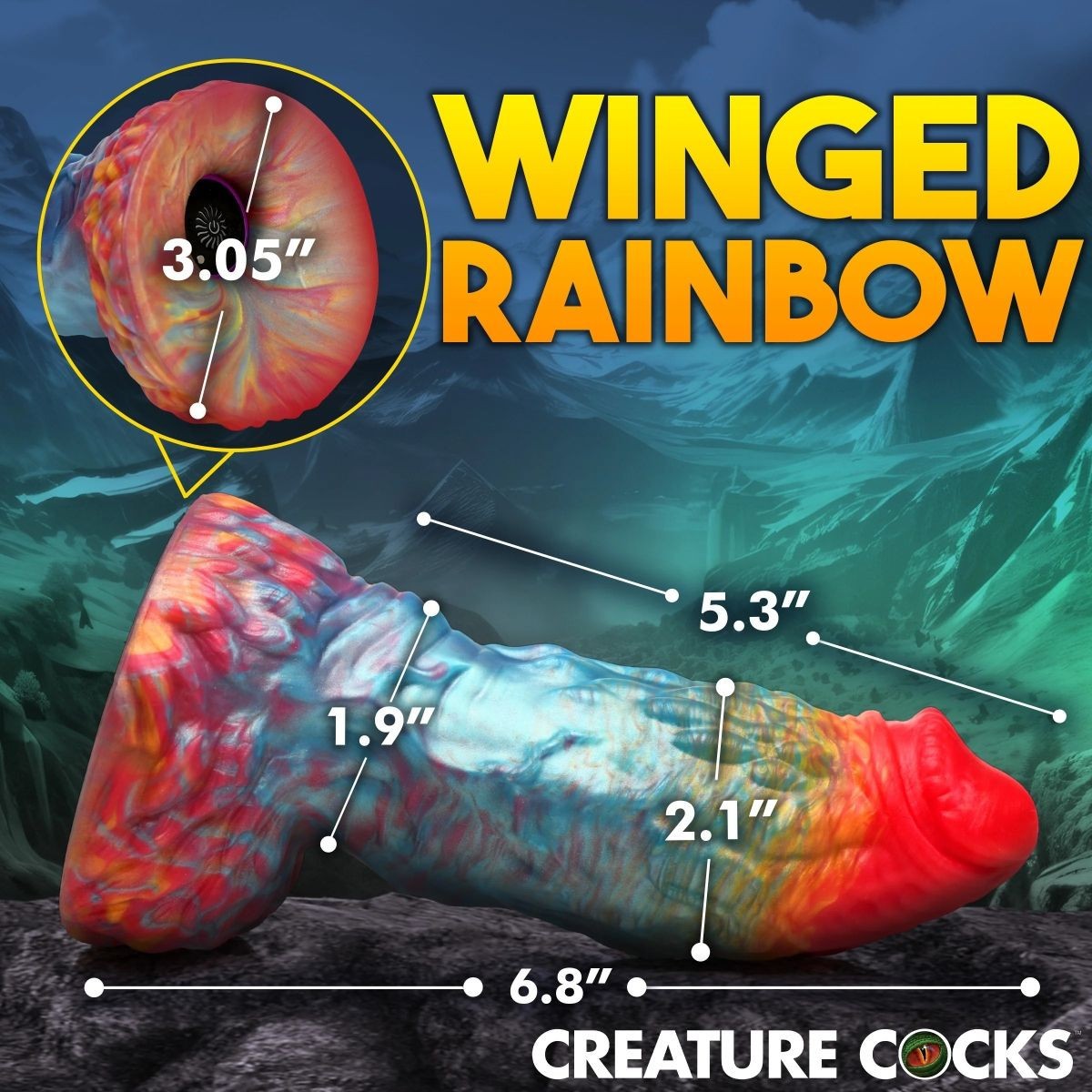 Colorful dildo with measurements labeled against a fantasy-themed background, featuring the brand 'Creature Cocks'.