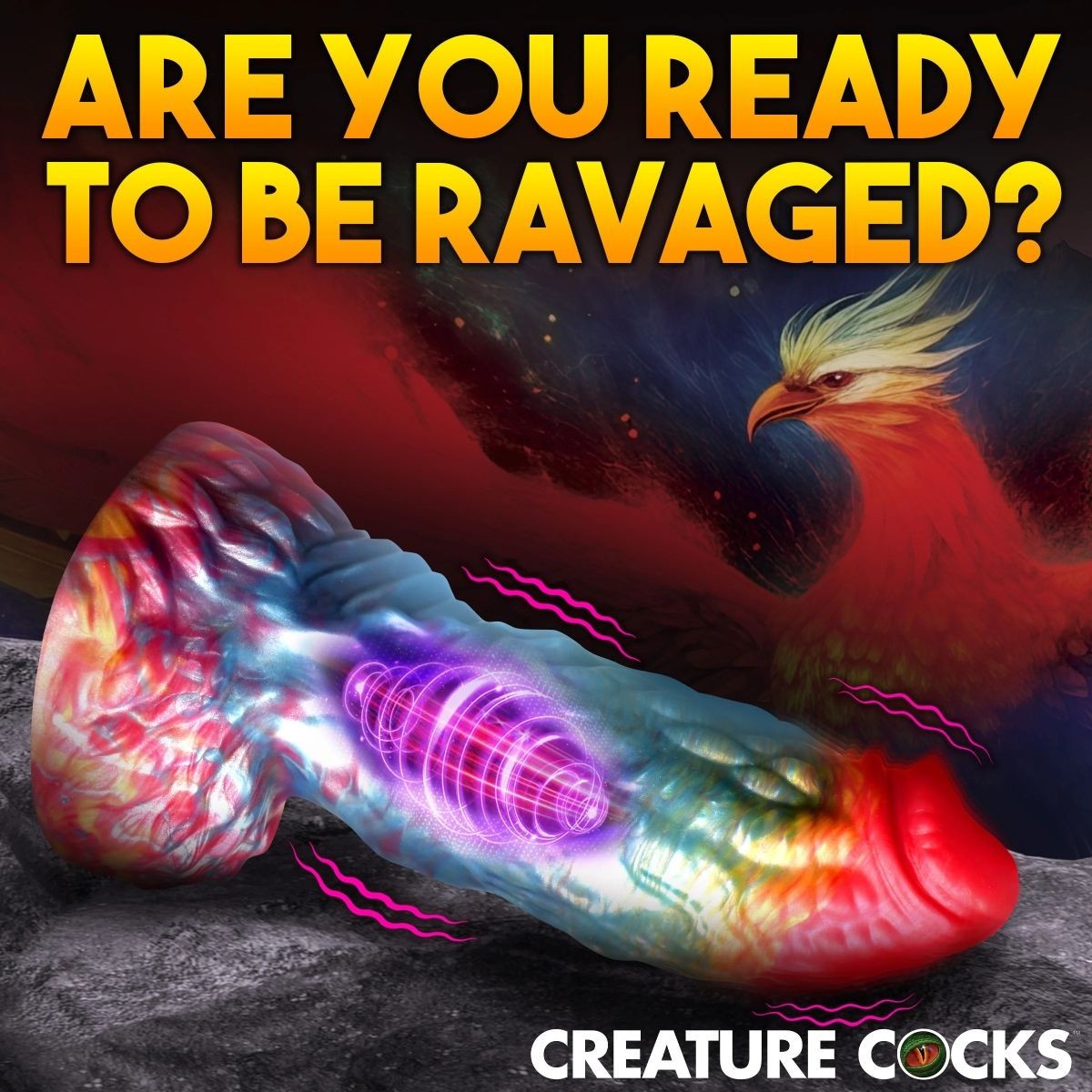 Colorful dildo with a creature in the background and text 'Are you ready to be ravaged?'