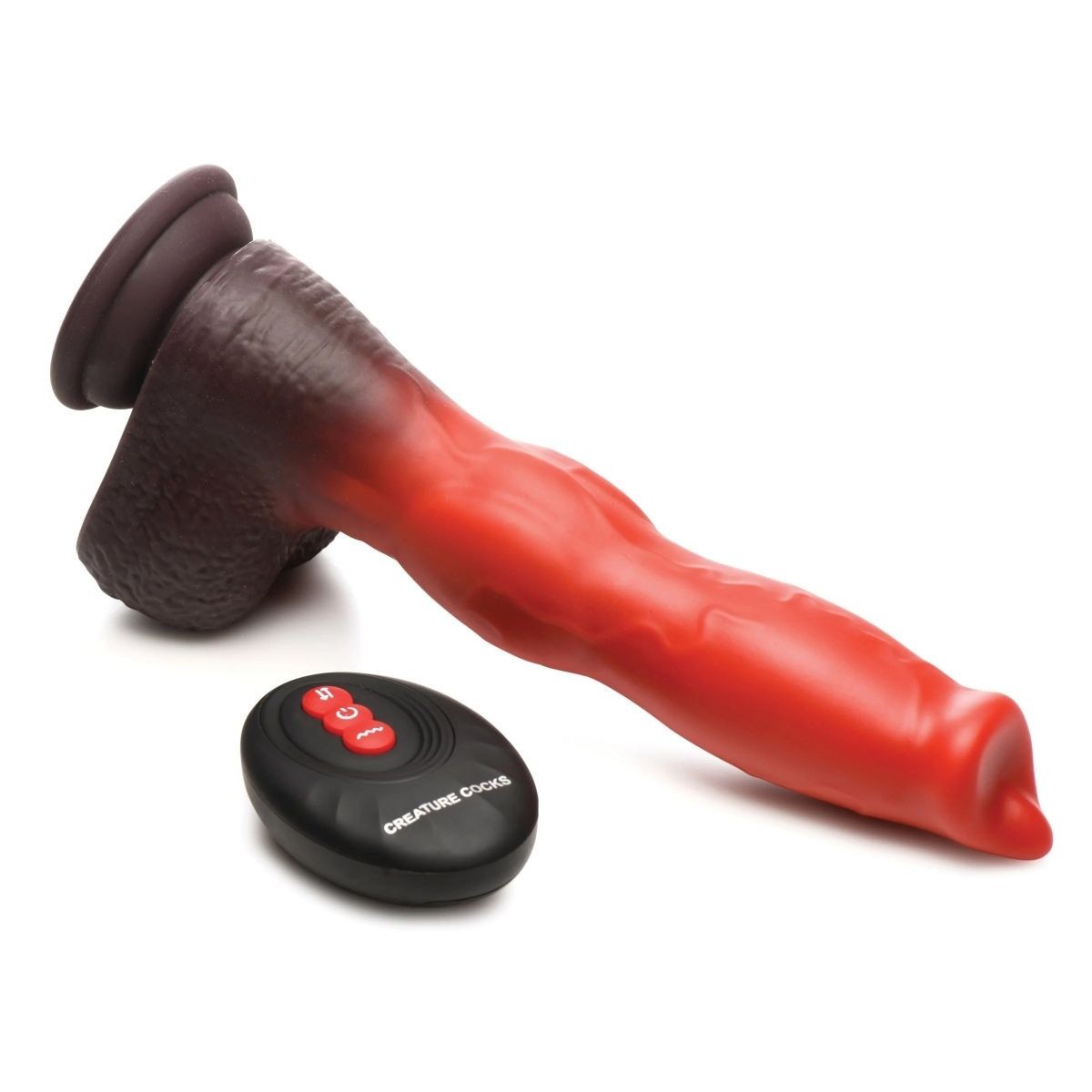 Red and black sex toy with remote control on a white background