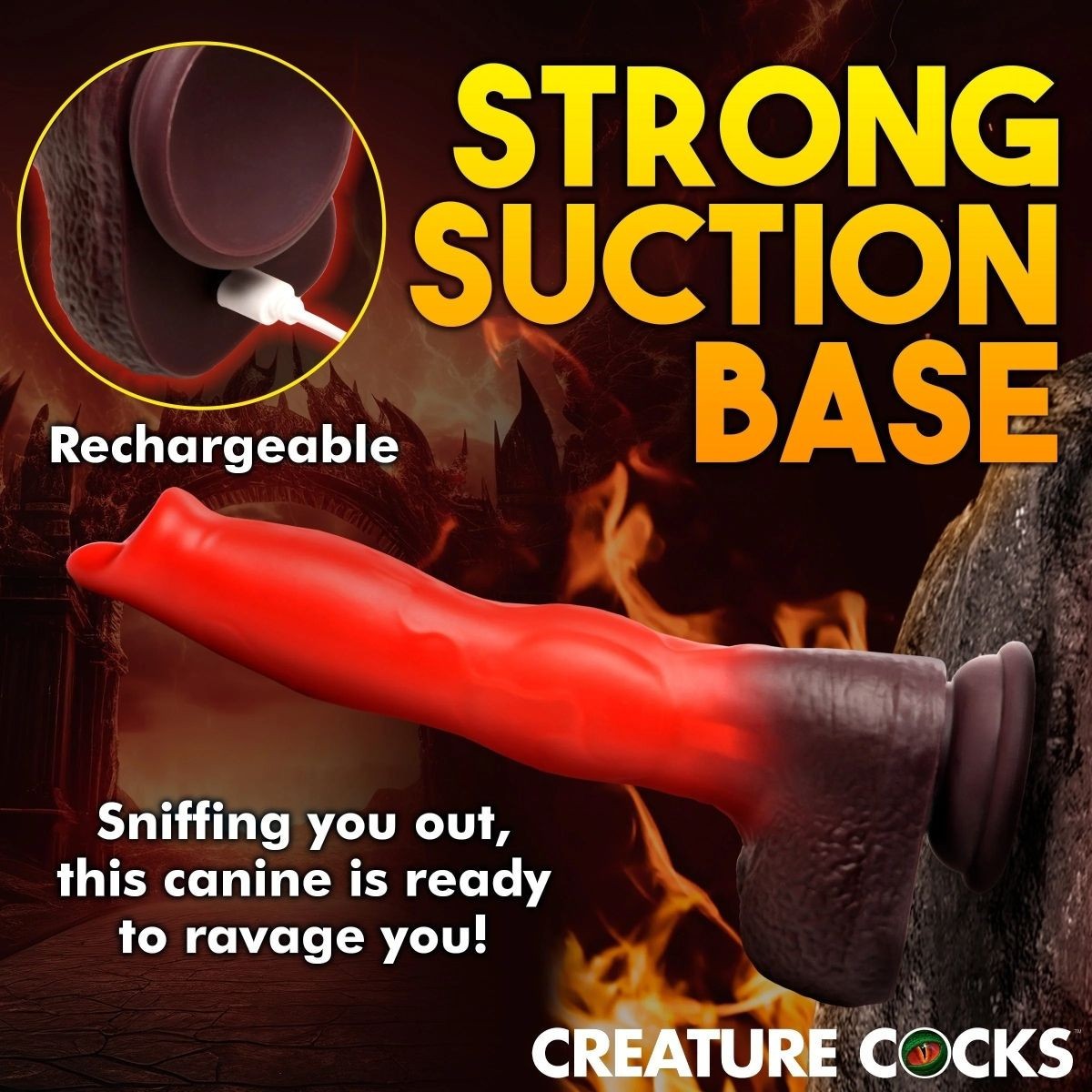 Red and gray device with text about a 'Strong Suction Base' and 'Rechargeable' feature, with a fiery background.