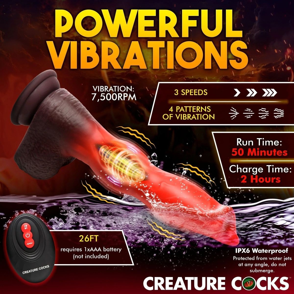 Advertisement for a product with 'Powerful Vibrations' text and specifications.