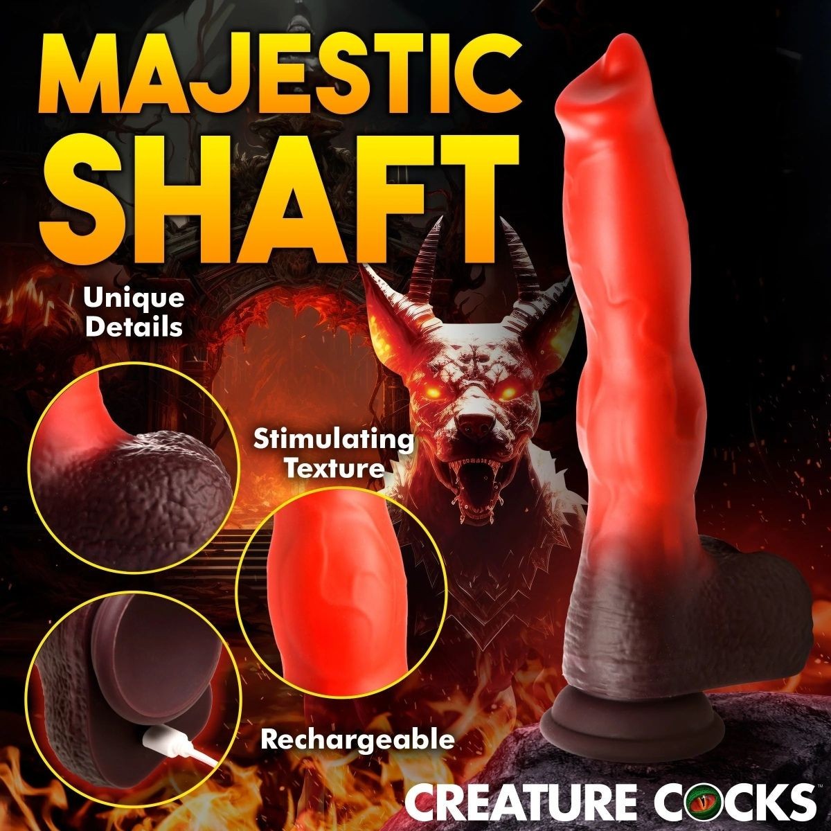 Product advertisement for 'Majestic Shaft' with text highlighting features against a dark background.