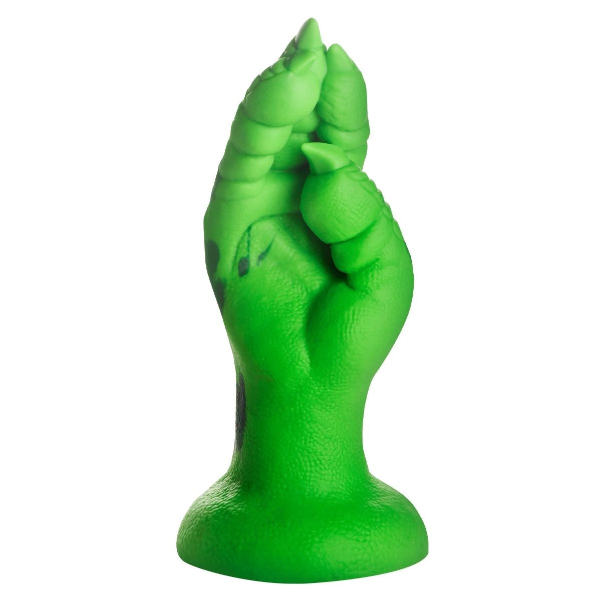 Green hand-shaped object on a white background