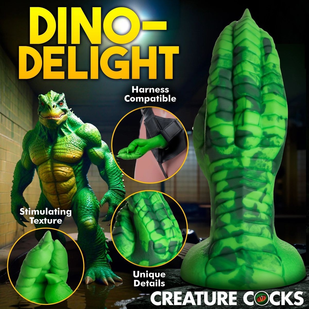 Green dinosaur-like sex toy with detailed features and 'Dino-Delight' branding.