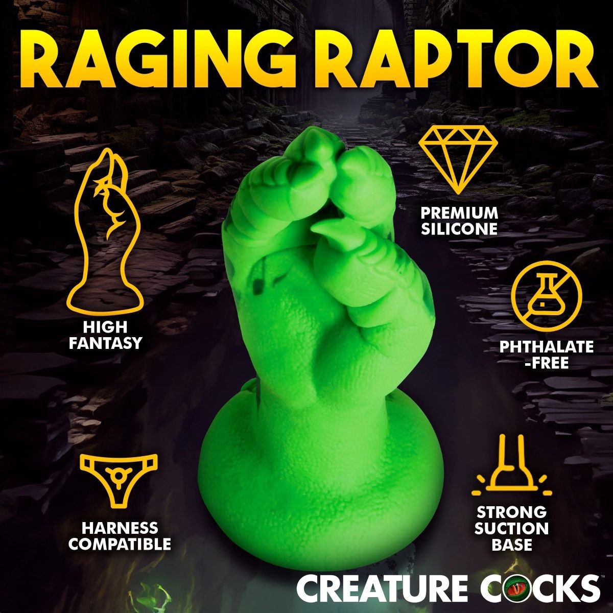 Green silicone dildo labeled 'Raging Raptor' with features listed on a dark background.