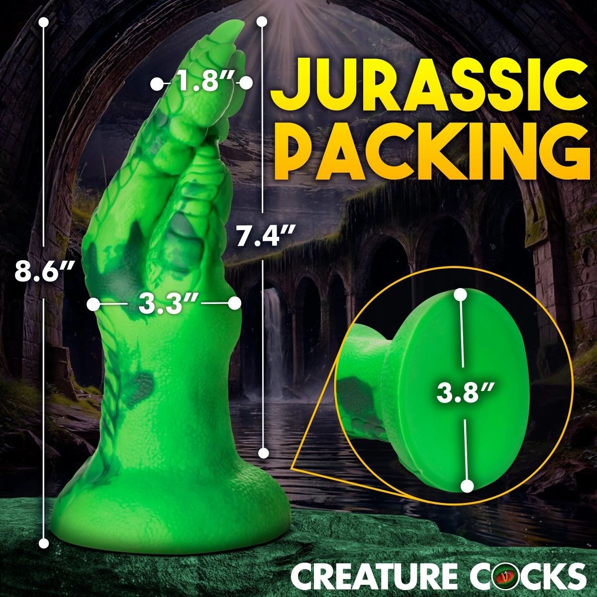 Green product with measurements and 'Jurassic Packing' text against a dark, forest-like background.