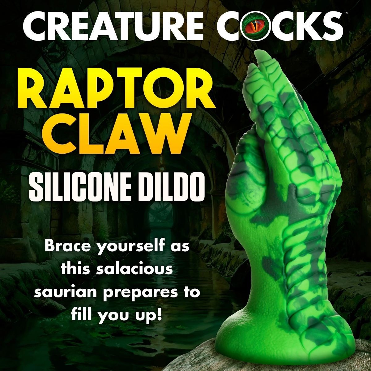 Green dinosaur-like silicone dildo with promotional text for 'Creature Cocks' on a dark background.