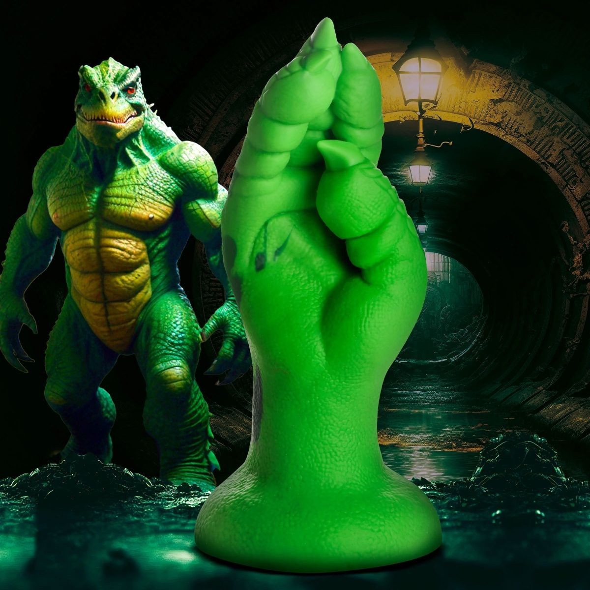 Green dragon-like creature with a large green hand in a tunnel setting