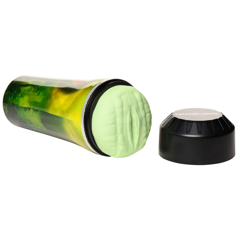Green masturbator with black lid on a white background