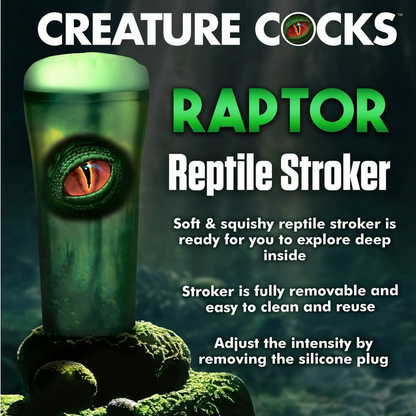 Green cylindrical masturbator with eye design labeled 'Raptor Reptile Stroker' by Creature Cocks on a dark background.