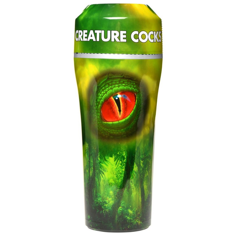 Green masturbator with a dragon eye design and 'CREATURE COCKS' text on a white background