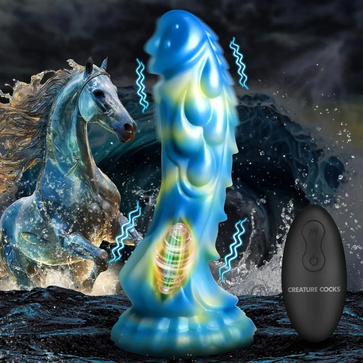 Blue creature-shaped dildo with glowing effects on a dark, water-themed background