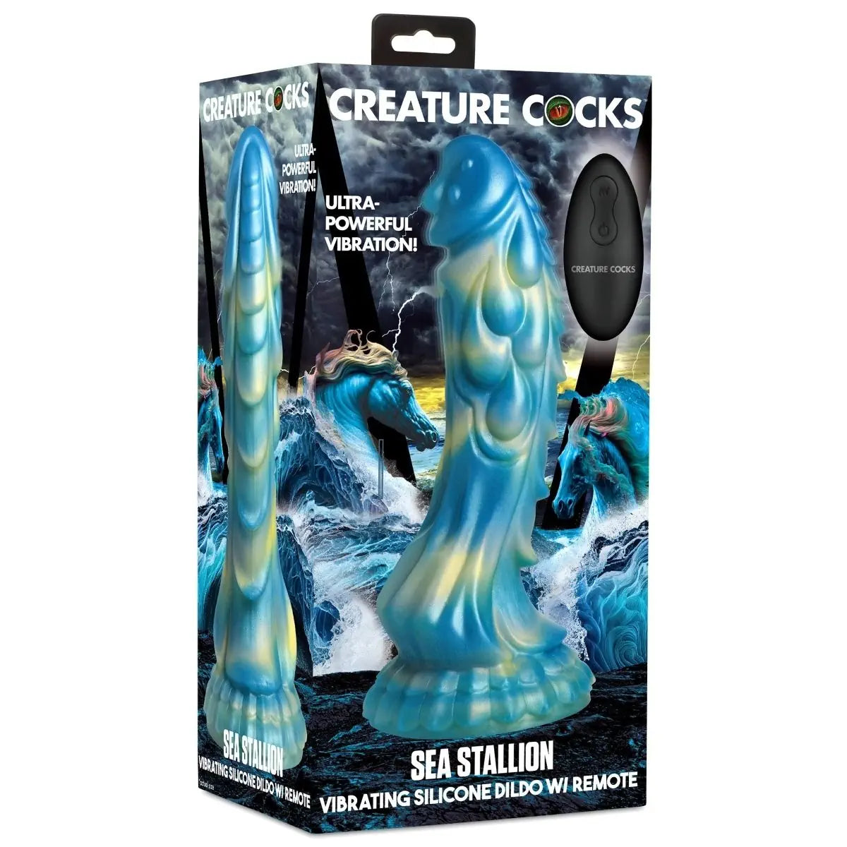 Vibrating silicone dildo packaging with 'Creature Cocks' branding on a white background