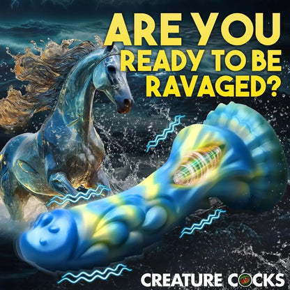 Blue and green sex toy with horse graphic and text 'Are you ready to be ravaged?' by Creature Cocks.